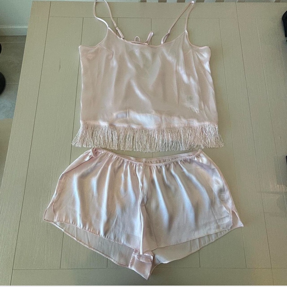 Chic Satin Fringe Pajama Set in Soft Pink
